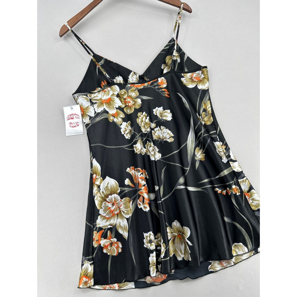 Black Floral Satin Slip Dress V-Neck Adjustable Straps Womens Medium - Picture 14 of 16